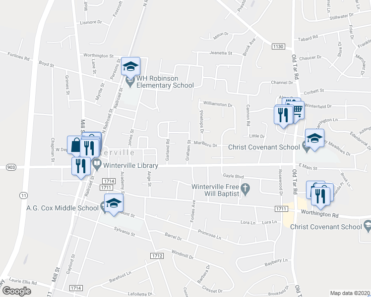map of restaurants, bars, coffee shops, grocery stores, and more near 2560 Graham Street in Winterville