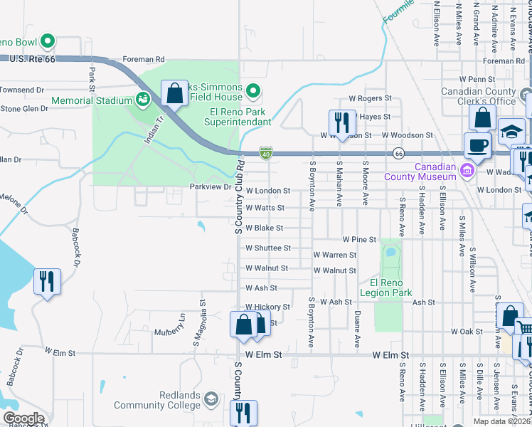 map of restaurants, bars, coffee shops, grocery stores, and more near 1500 West Blake Street in El Reno