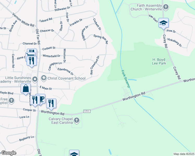 map of restaurants, bars, coffee shops, grocery stores, and more near 798 Edenbrook Drive in Winterville