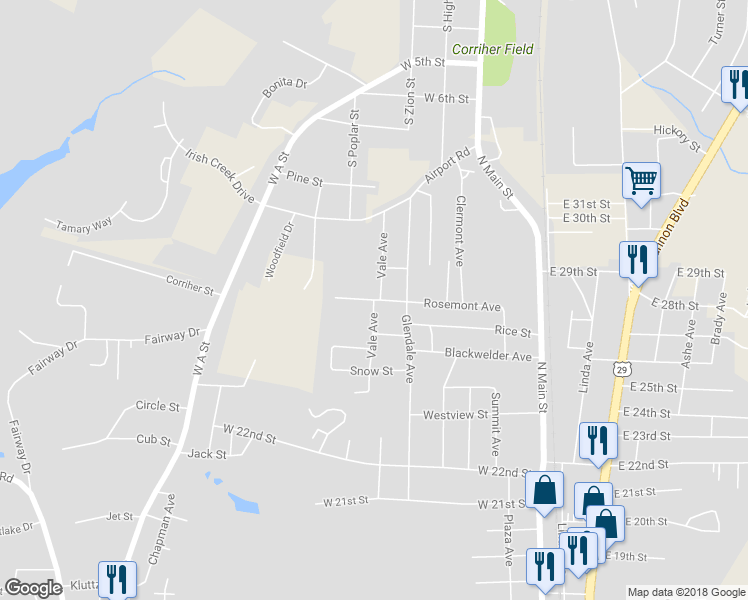 map of restaurants, bars, coffee shops, grocery stores, and more near Vale Avenue in Kannapolis