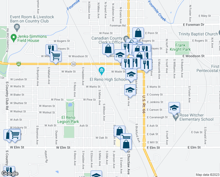 map of restaurants, bars, coffee shops, grocery stores, and more near 405 West Watts Street in El Reno