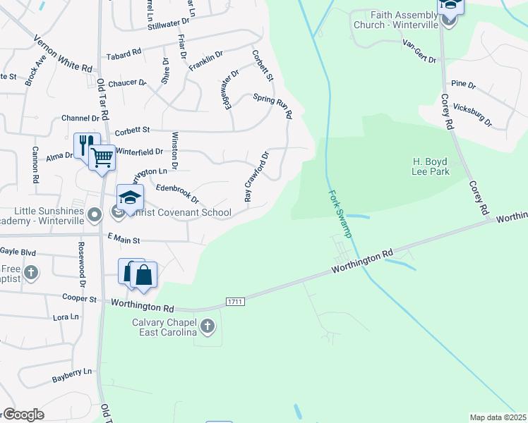map of restaurants, bars, coffee shops, grocery stores, and more near 798 Edenbrook Drive in Winterville