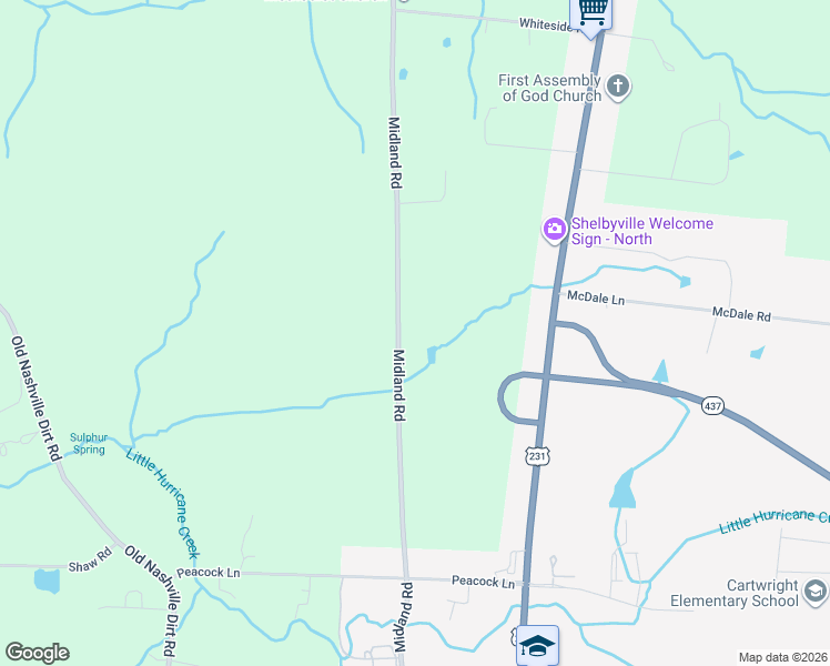map of restaurants, bars, coffee shops, grocery stores, and more near 2302 Midland Road in Shelbyville