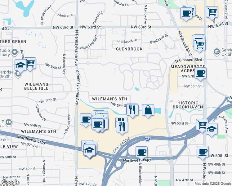 map of restaurants, bars, coffee shops, grocery stores, and more near 1828 Northwest 56th Terrace in Oklahoma City