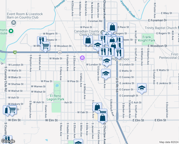 map of restaurants, bars, coffee shops, grocery stores, and more near 405 West Watts Street in El Reno