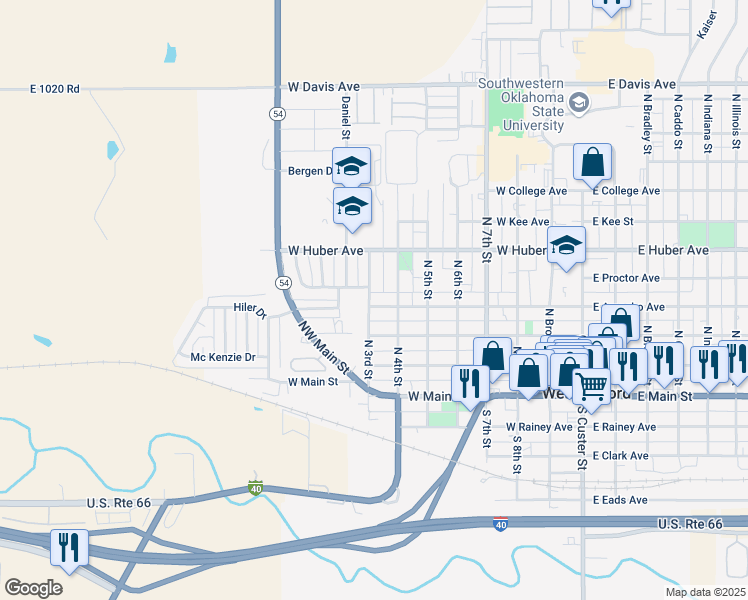 map of restaurants, bars, coffee shops, grocery stores, and more near 718 West Arapaho Avenue in Weatherford