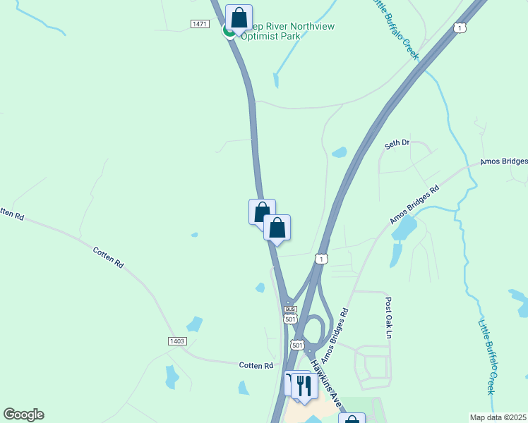 map of restaurants, bars, coffee shops, grocery stores, and more near Hawkins Avenue in Sanford