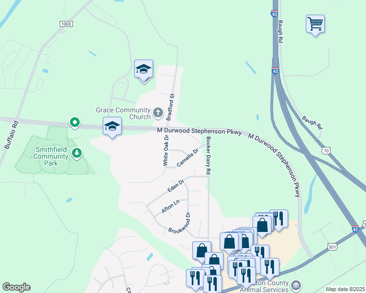 map of restaurants, bars, coffee shops, grocery stores, and more near 22 Azalea Drive in Smithfield