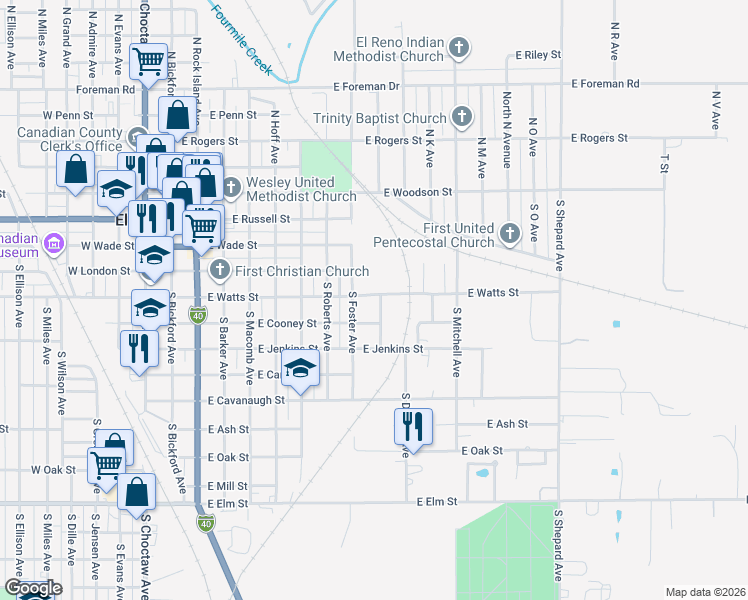 map of restaurants, bars, coffee shops, grocery stores, and more near 515 South Foster Avenue in El Reno