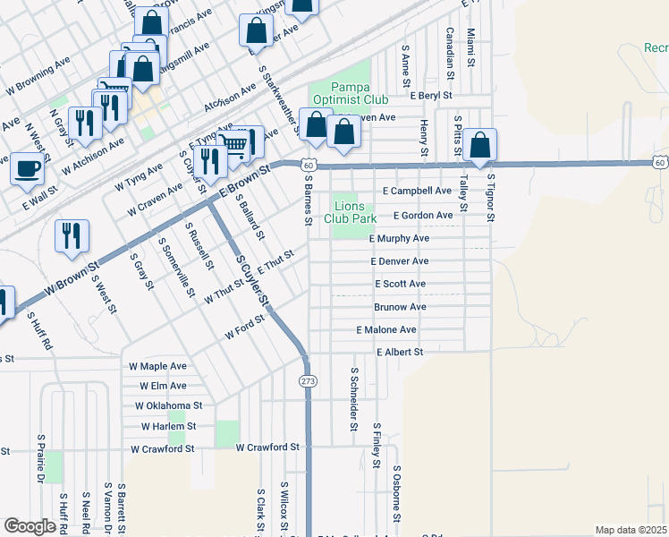 map of restaurants, bars, coffee shops, grocery stores, and more near 701-721 South Reid Street in Pampa