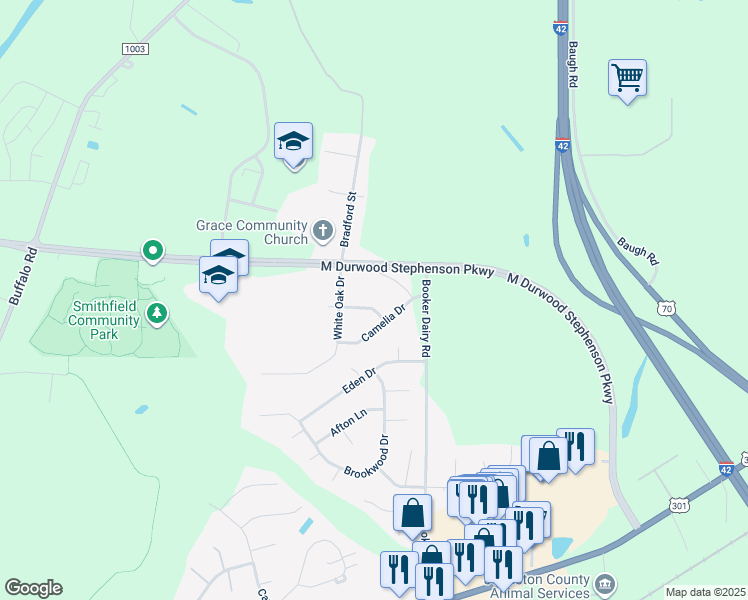 map of restaurants, bars, coffee shops, grocery stores, and more near 22 Azalea Drive in Smithfield