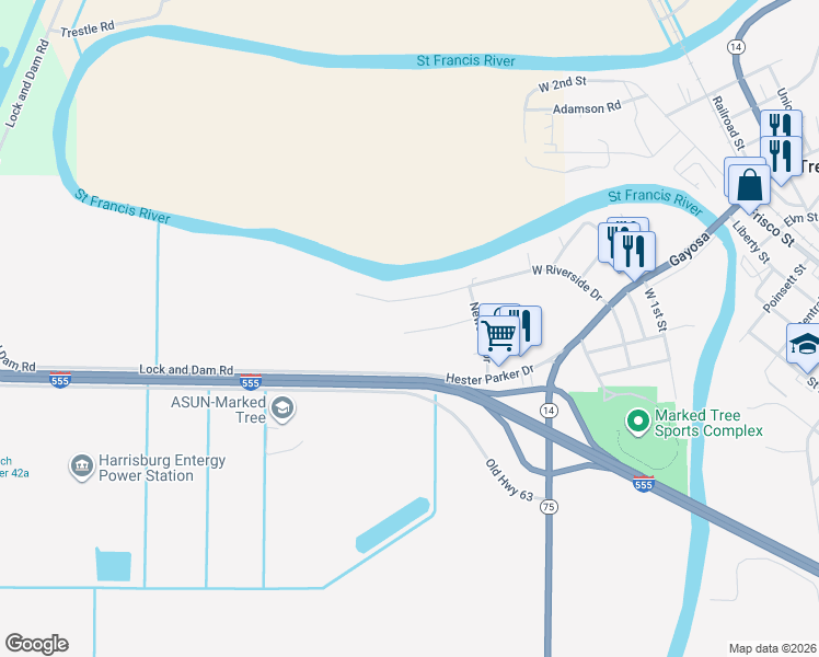 map of restaurants, bars, coffee shops, grocery stores, and more near 233 Cypress Street in Marked Tree
