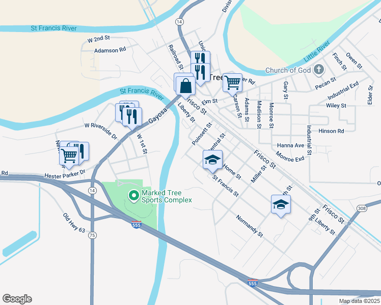map of restaurants, bars, coffee shops, grocery stores, and more near 202 Saint Francis Street in Marked Tree