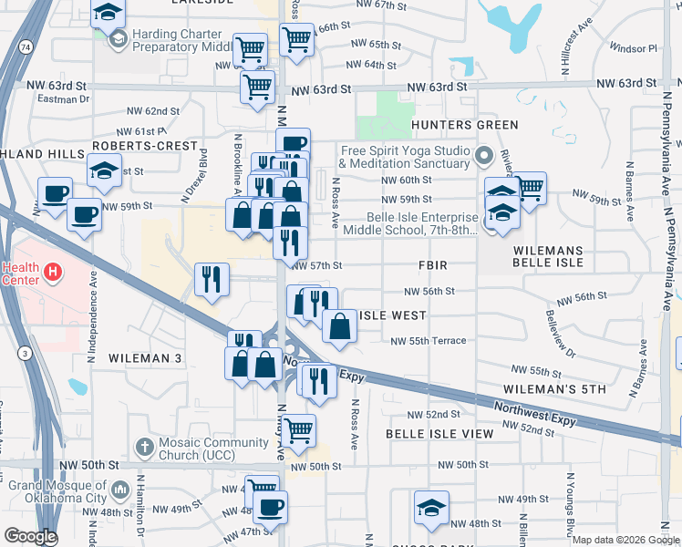 map of restaurants, bars, coffee shops, grocery stores, and more near 2729 Northwest 56th Street in Oklahoma City