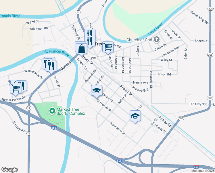 map of restaurants, bars, coffee shops, grocery stores, and more near 400 Liberty Street in Marked Tree