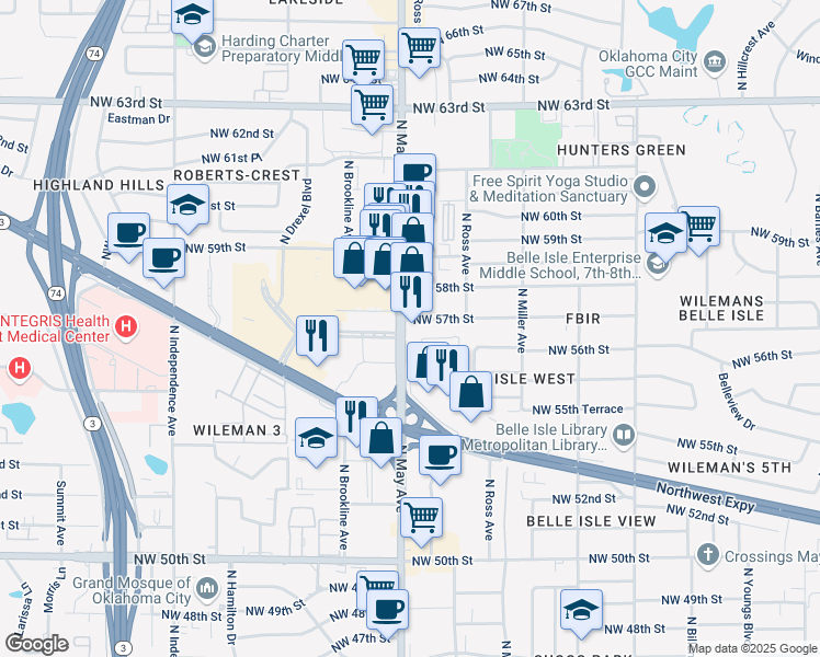 map of restaurants, bars, coffee shops, grocery stores, and more near 5613 North May Avenue in Oklahoma City