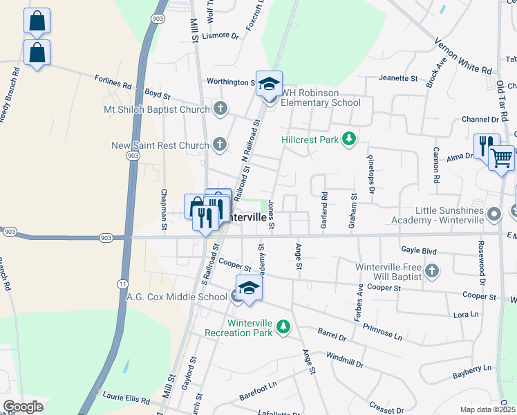 map of restaurants, bars, coffee shops, grocery stores, and more near 225 North Street in Winterville