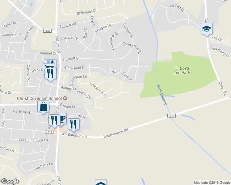 map of restaurants, bars, coffee shops, grocery stores, and more near 763 Edenbrook Drive in Winterville