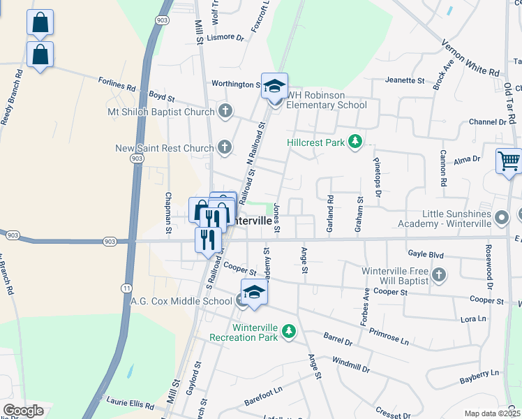 map of restaurants, bars, coffee shops, grocery stores, and more near 221 New Street in Greenville