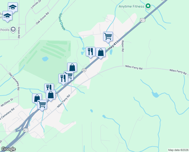 map of restaurants, bars, coffee shops, grocery stores, and more near 1155 Niles Ferry Road in Madisonville
