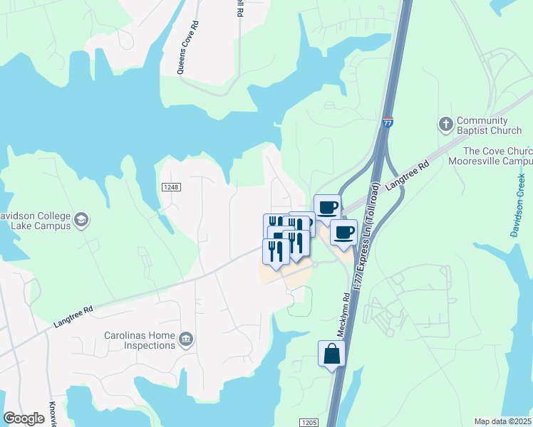 map of restaurants, bars, coffee shops, grocery stores, and more near 140 Beacon Drive in Mooresville