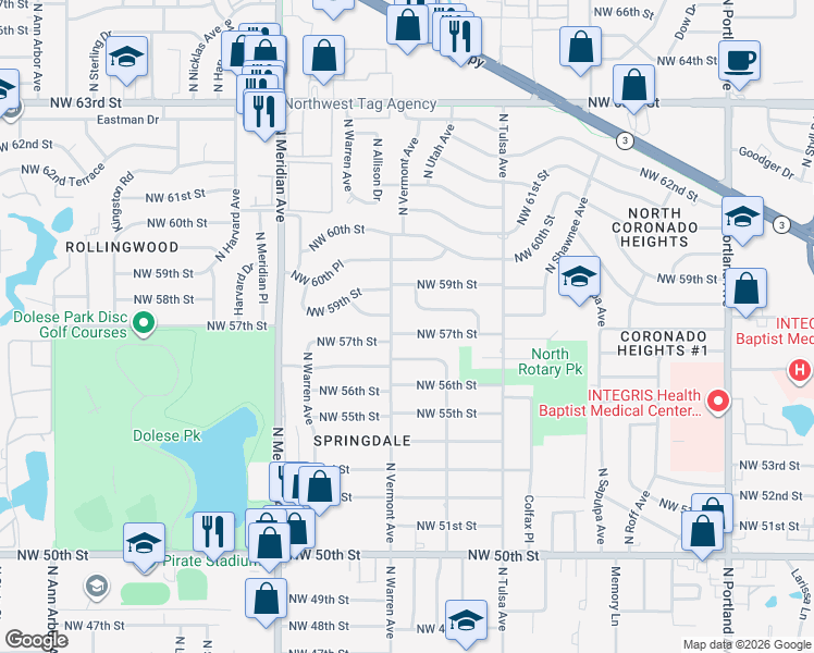 map of restaurants, bars, coffee shops, grocery stores, and more near 4228 Northwest 57th Street in Oklahoma City