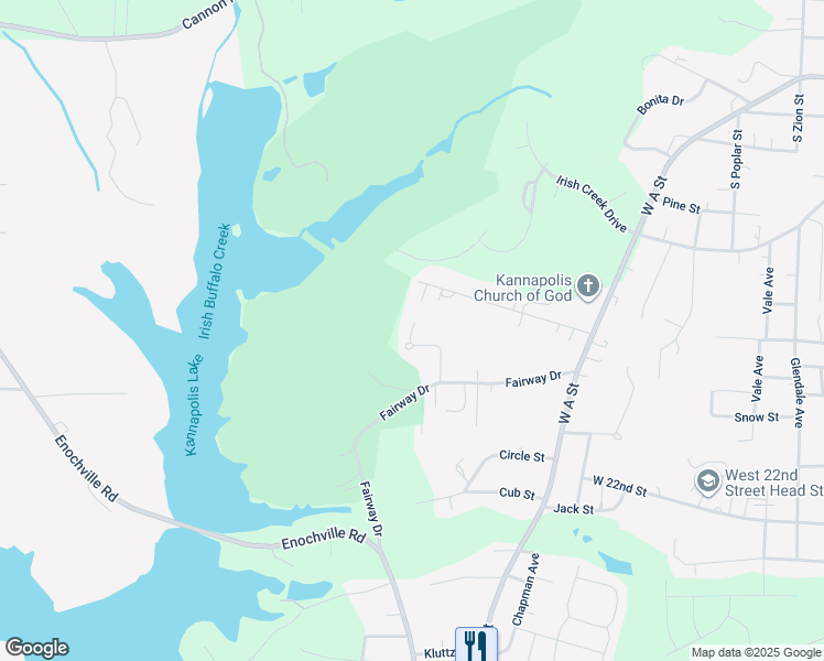map of restaurants, bars, coffee shops, grocery stores, and more near Golfcrest Drive in Kannapolis