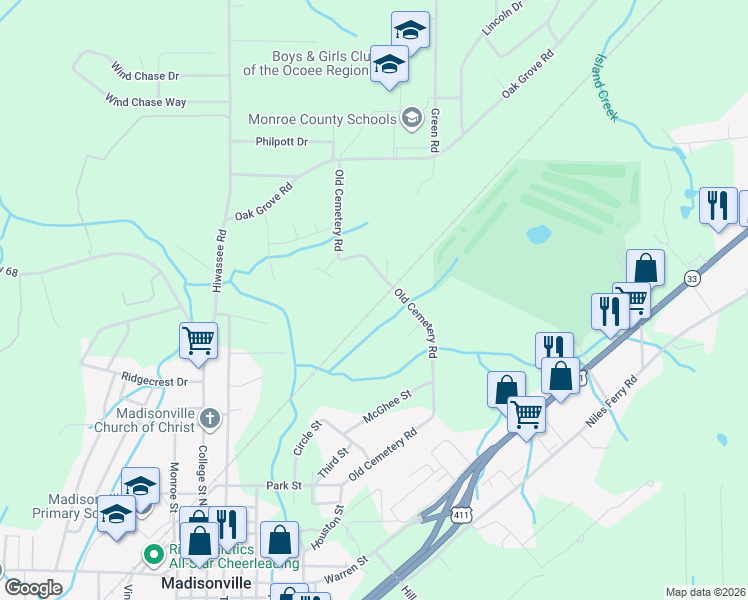 map of restaurants, bars, coffee shops, grocery stores, and more near in Madisonville