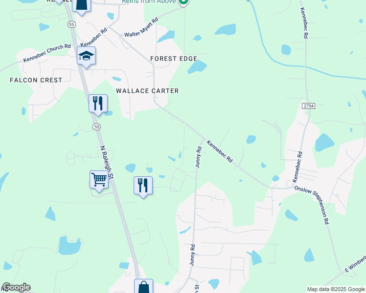 map of restaurants, bars, coffee shops, grocery stores, and more near 9821 Kennebec Road in Wake County