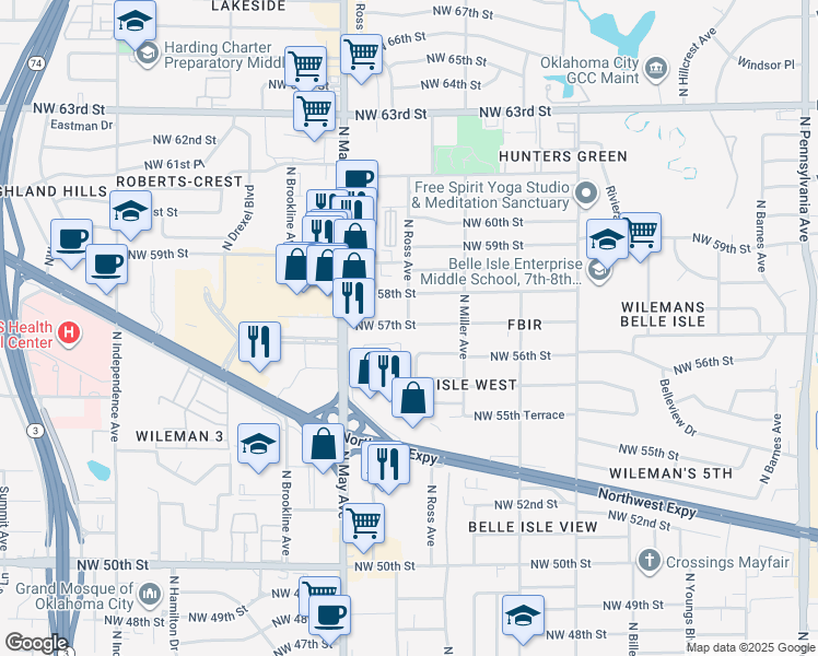 map of restaurants, bars, coffee shops, grocery stores, and more near 2729 Northwest 56th Street in Oklahoma City
