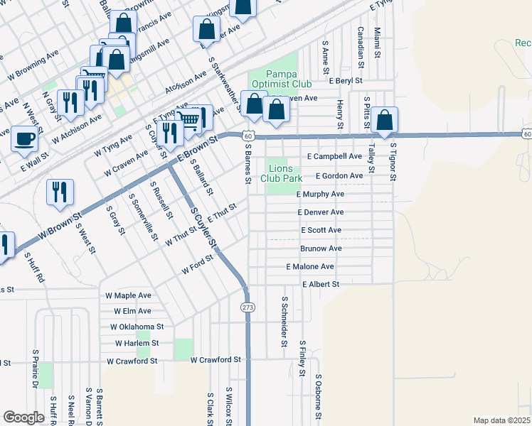 map of restaurants, bars, coffee shops, grocery stores, and more near 701 South Reid Street in Pampa