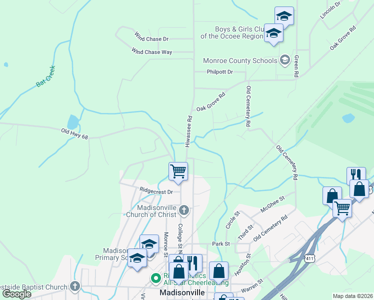 map of restaurants, bars, coffee shops, grocery stores, and more near 632 Hiwassee Rd in Madisonville