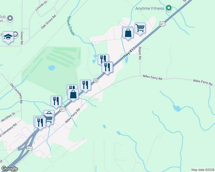 map of restaurants, bars, coffee shops, grocery stores, and more near 1155 Niles Ferry Road in Madisonville