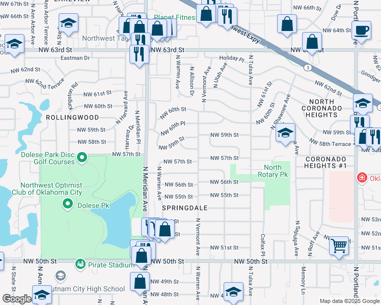 map of restaurants, bars, coffee shops, grocery stores, and more near 4308 Northwest 59th Terrace in Oklahoma City