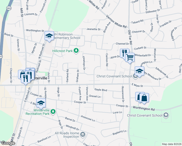 map of restaurants, bars, coffee shops, grocery stores, and more near 324 Gayle Boulevard in Winterville