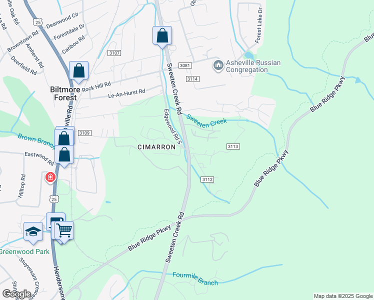 map of restaurants, bars, coffee shops, grocery stores, and more near Sweeten Creek Rd & Edgewood Rd S in Asheville
