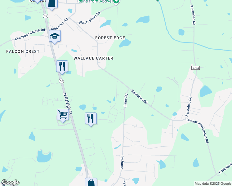 map of restaurants, bars, coffee shops, grocery stores, and more near 9821 Kennebec Road in Wake County