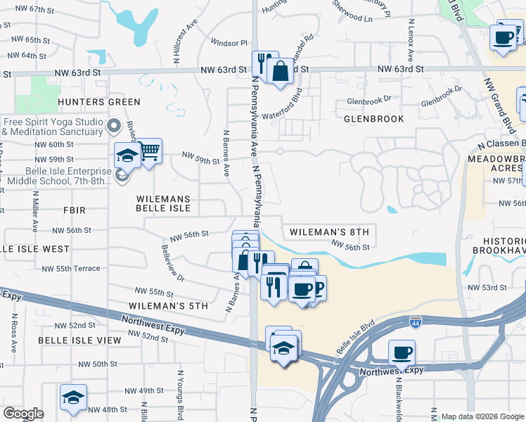 map of restaurants, bars, coffee shops, grocery stores, and more near 5810 North Pennsylvania Avenue in Oklahoma City