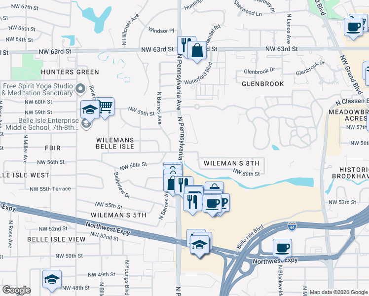 map of restaurants, bars, coffee shops, grocery stores, and more near 5810 North Pennsylvania Avenue in Oklahoma City