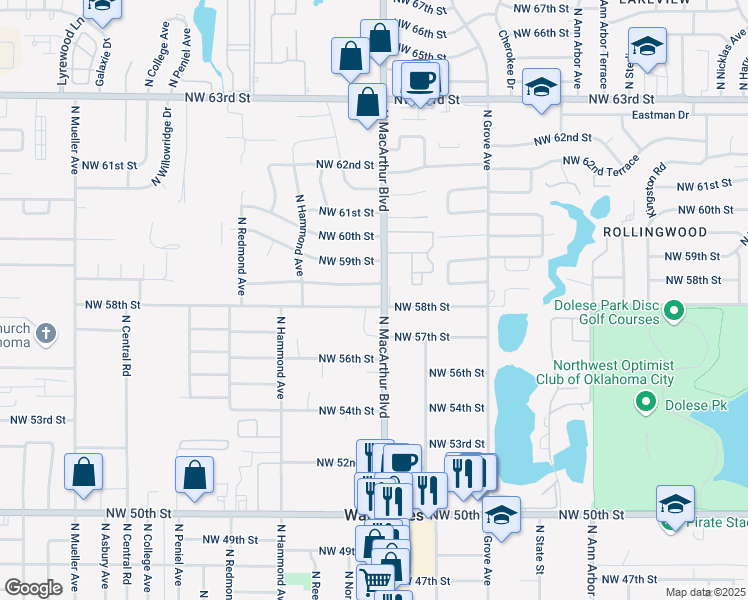 map of restaurants, bars, coffee shops, grocery stores, and more near 5917 Northwest 58th Terrace in Warr Acres