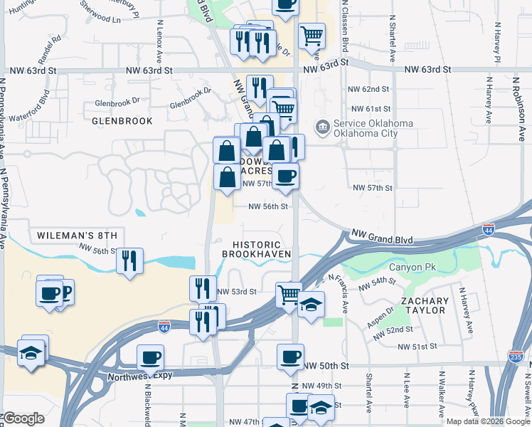 map of restaurants, bars, coffee shops, grocery stores, and more near 1131 Northwest 56th Street in Oklahoma City