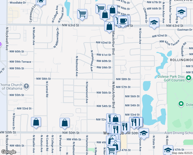 map of restaurants, bars, coffee shops, grocery stores, and more near 5941 Northwest 58th Terrace in Warr Acres