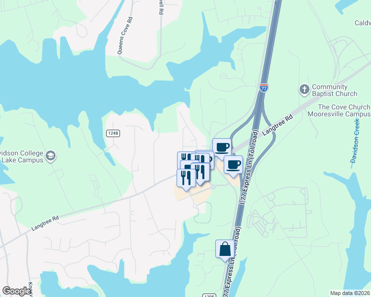 map of restaurants, bars, coffee shops, grocery stores, and more near 138 Lanyard Drive in Mooresville