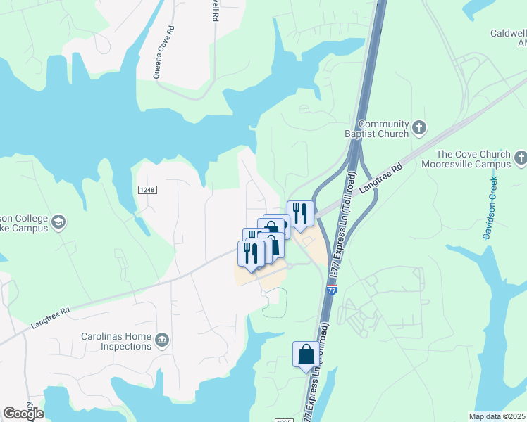 map of restaurants, bars, coffee shops, grocery stores, and more near 138 Lanyard Drive in Mooresville