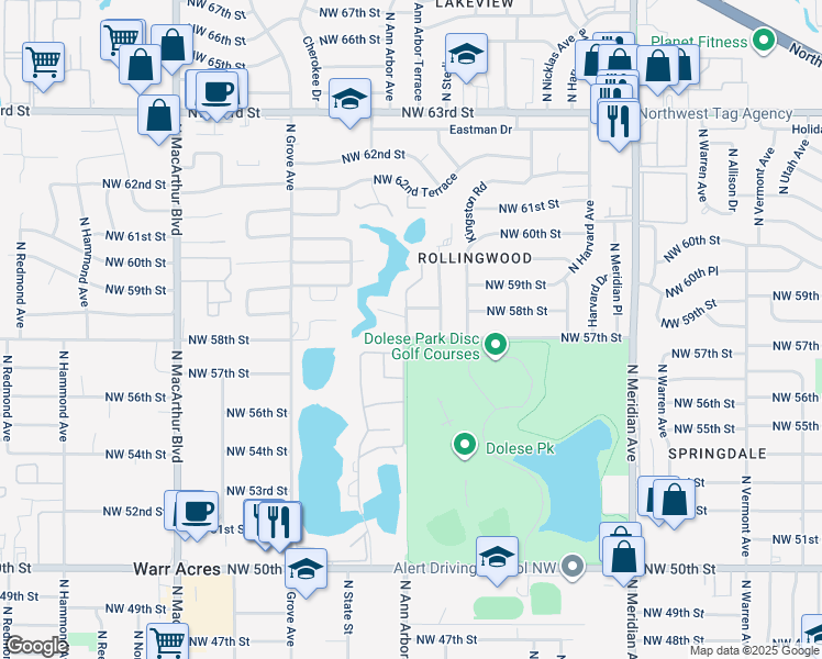 map of restaurants, bars, coffee shops, grocery stores, and more near 4917 Northwest 57th Street in Oklahoma City