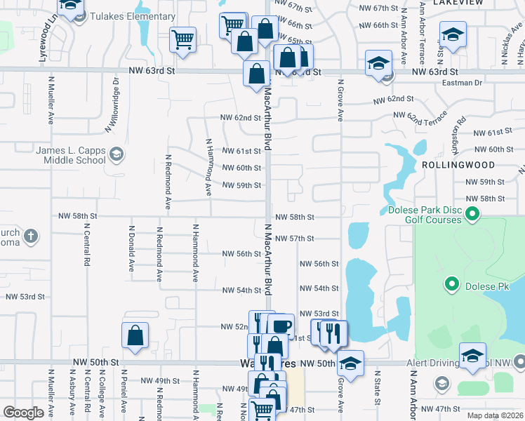 map of restaurants, bars, coffee shops, grocery stores, and more near 5917 Northwest 58th Terrace in Warr Acres