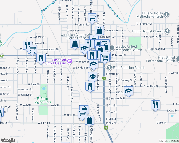 map of restaurants, bars, coffee shops, grocery stores, and more near 401 South Evans Avenue in El Reno