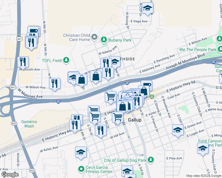 map of restaurants, bars, coffee shops, grocery stores, and more near 101 North 3rd Street in Gallup