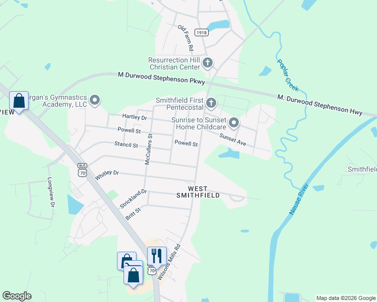 map of restaurants, bars, coffee shops, grocery stores, and more near 801 Wilsons Mills Road in Smithfield