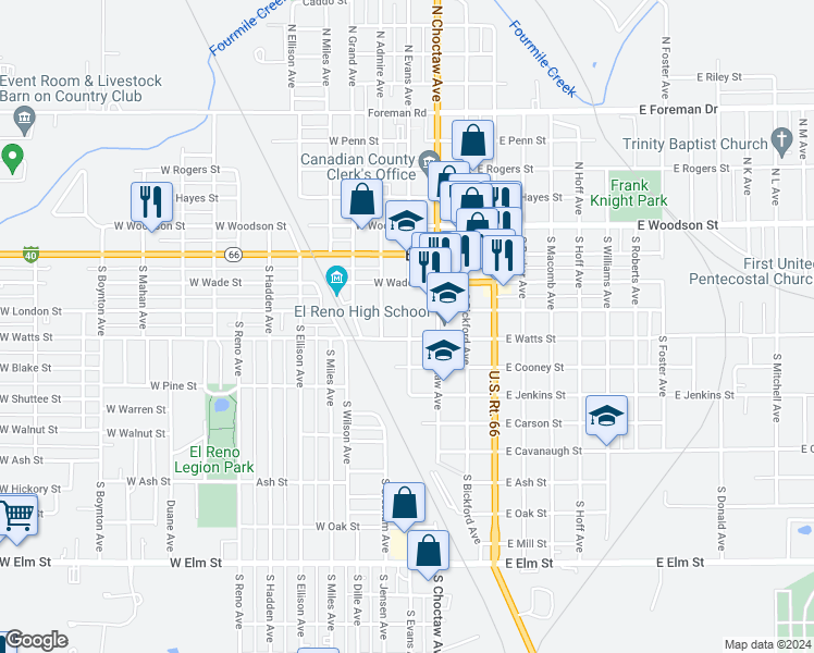 map of restaurants, bars, coffee shops, grocery stores, and more near 412 South Evans Avenue in El Reno